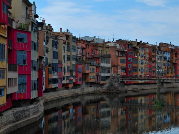 bridge, Girona, Onyar, river, spain, Жирона, здания, испания, мост, Оньяр, река