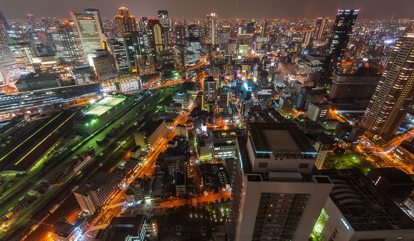 Обои на рабочий стол: Osaka, skyline, Umeda Sky Tower, мегаполис, ночной город, ночь, Осака, япония