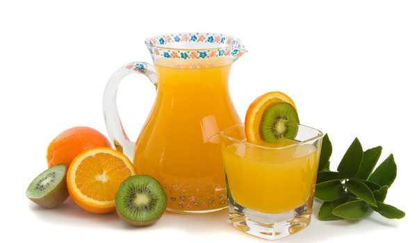 Обои на рабочий стол: апельсин, графин, киви, свежесть, сок, стакан