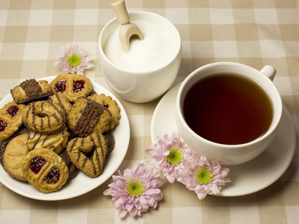 блюдце, печенье, сахар, цветы, чай, чашка