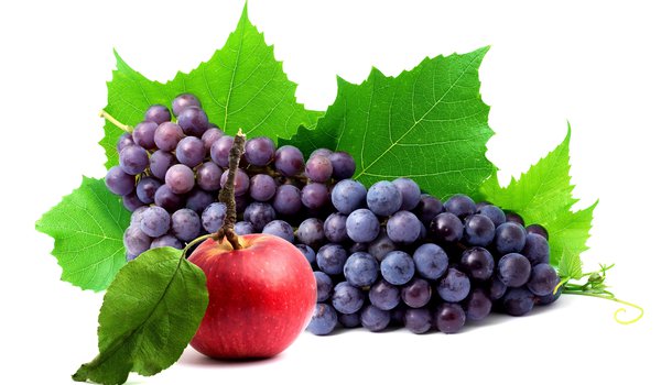 Обои на рабочий стол: apple, grapes, белый фон, виноград, гроздь, листья, яблоко, ягода