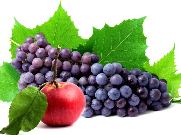 apple, grapes, белый фон, виноград, гроздь, листья, яблоко, ягода