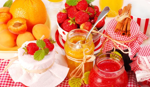 Обои на рабочий стол: apricot, cinnamon, jam, orange, strawberry, абрикос, апельсин, банки, варенье, джем, клубника, корица