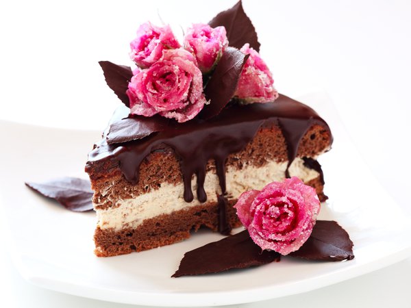 cake, chocolate, dessert, glaze, выпечка, глазурь, десерт, крем, кусочек, пирожное, розы, сахар, сладкое, торт, тортик, шоколад