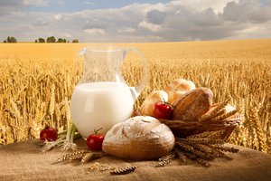 Обои на рабочий стол: булочки, корзина, кувшин, лук, молоко, небо, поле, помидоры, пшеница, хлеб