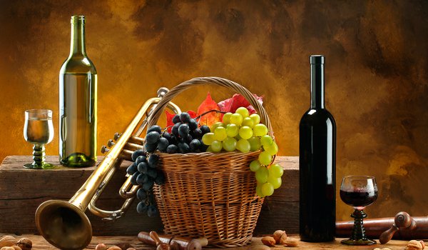 Обои на рабочий стол: белое, вино, виноград, корзина, красное, орехи, труба