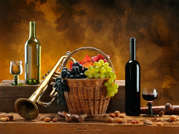 белое, вино, виноград, корзина, красное, орехи, труба