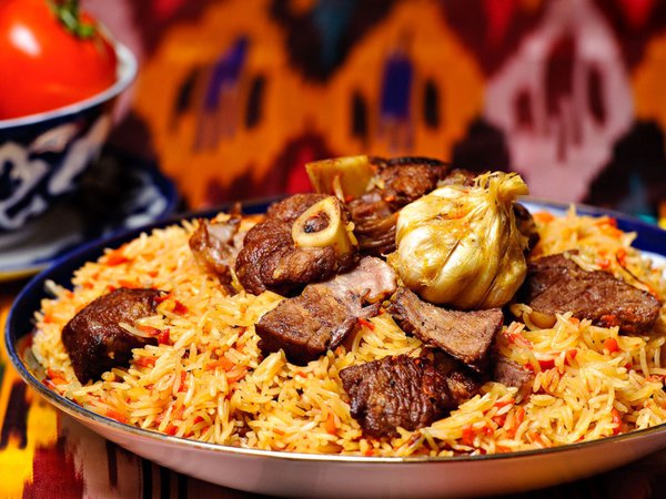 блюдо, еда, лук, ляган, морковь, мясо, Плов, помидор, рис, узбекское блюдо