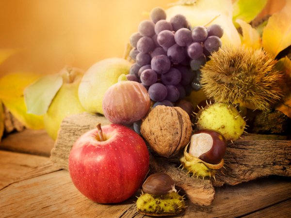 виноград, каштаны, листья, орехи, осень, урожай, фрукты, яблоко