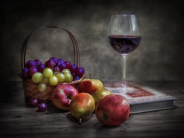 бокал, вино, виноград, натюрморт, яблоки