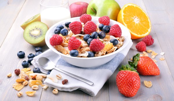 Обои на рабочий стол: breakfast, завтрак, малина, мюсли, фрукты, черника, ягоды