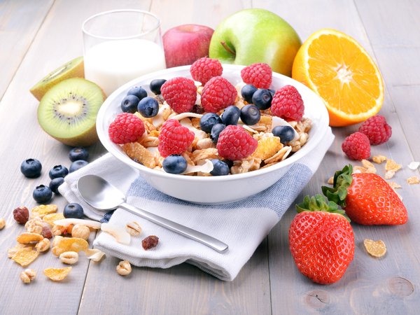 breakfast, завтрак, малина, мюсли, фрукты, черника, ягоды