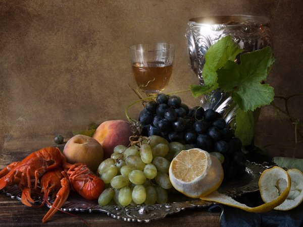 бокал, виноград, лимон, натюрморт, персики, поднос, раки, фрукты