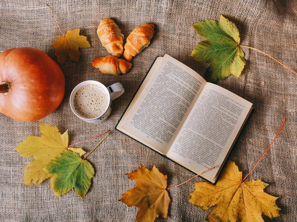 книга, кофе, листья, тыква