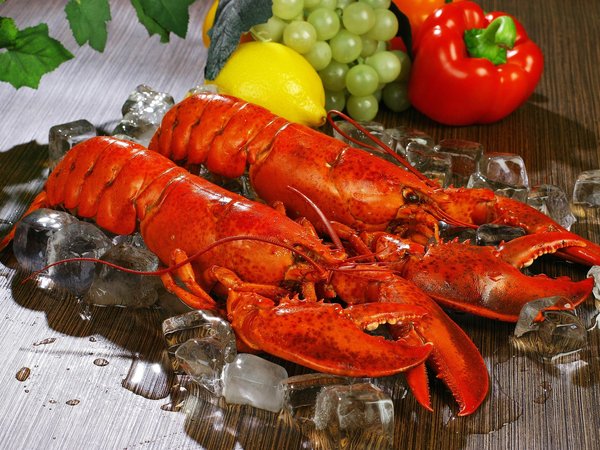 lobsters, виноград, еда, лед, лимон, омар, перчик