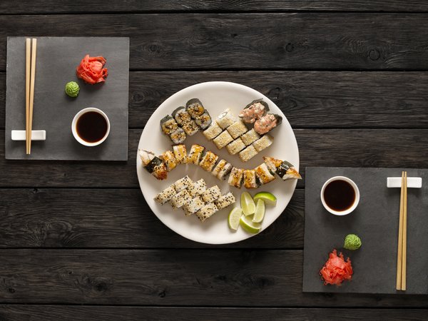 japanese food, set, sushi, вассаби, имбирь, палочки, роллы, соус, суши