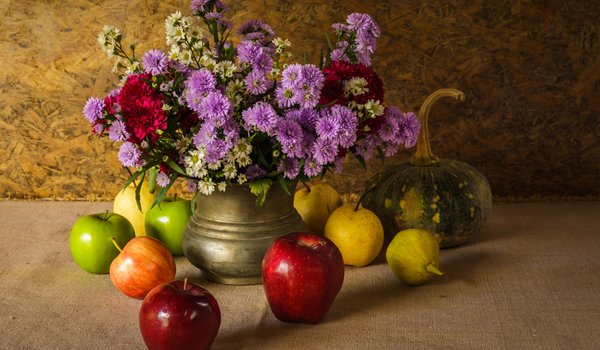 Обои на рабочий стол: flowers, fruit, still life, vegetable, букет, груши, натюрморт, овощи, тыква, фрукты, цветы, яблоки