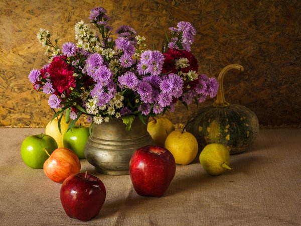 flowers, fruit, still life, vegetable, букет, груши, натюрморт, овощи, тыква, фрукты, цветы, яблоки