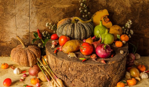 Обои на рабочий стол: autumn, harvest, pumpkin, still life, vegetables, натюрморт, овощи, тыква, урожай, фрукты, цветы