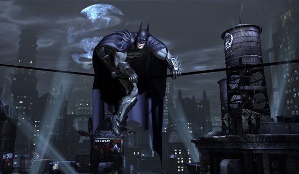 Обои на рабочий стол: batman, город, готем сити, луна, маска, ночь, огни, плащ, супергерой