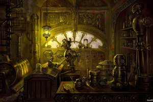 Обои на рабочий стол: steampunk, запчасти, лампа, мастерская, печь, робот, станок, стол