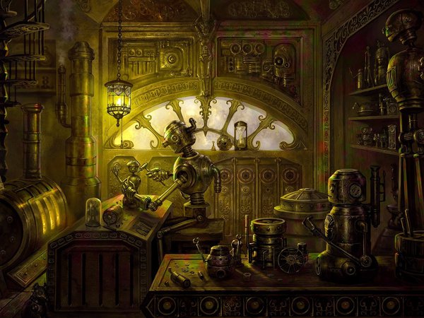 steampunk, запчасти, лампа, мастерская, печь, робот, станок, стол