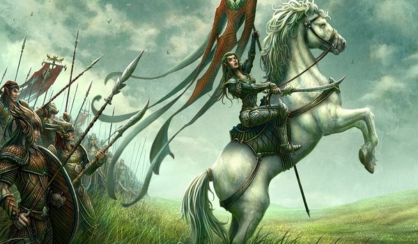 Обои на рабочий стол: kerem beyit, войско, всадница, конь, поле, рисунок, фэнтези, эльфийка