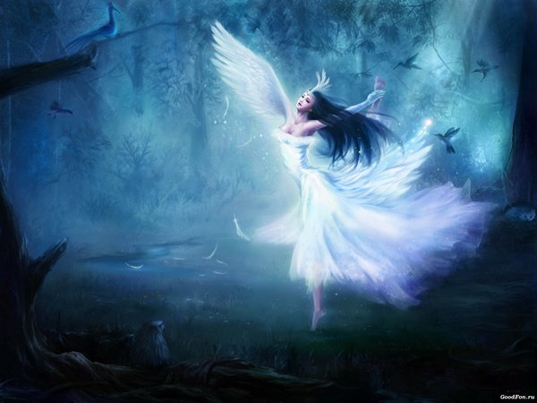ангел, девушка, крылья, лес, птицы, танец