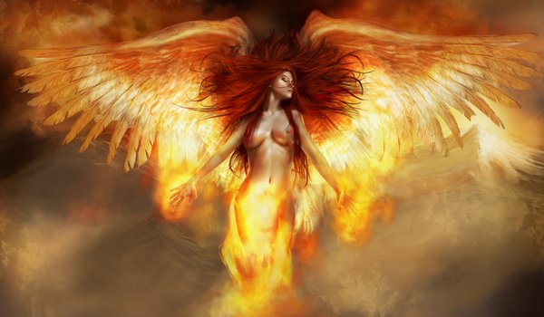 Обои на рабочий стол: fire angel, девушка, огненый ангел, огонь