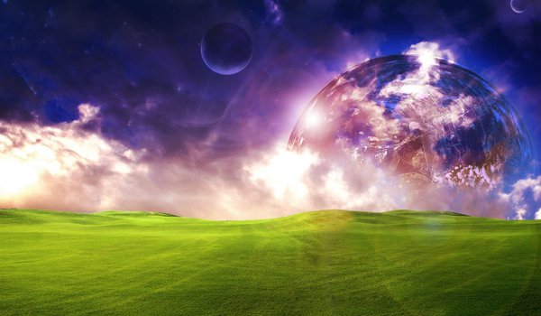 Обои на рабочий стол: beautiful, clouds, field, grass, planet, sky, space, космос, красиво, луг, луна, небо, облака, планета, поле, свет, трава, фантастика