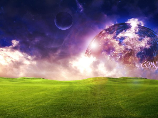 beautiful, clouds, field, grass, planet, sky, space, космос, красиво, луг, луна, небо, облака, планета, поле, свет, трава, фантастика