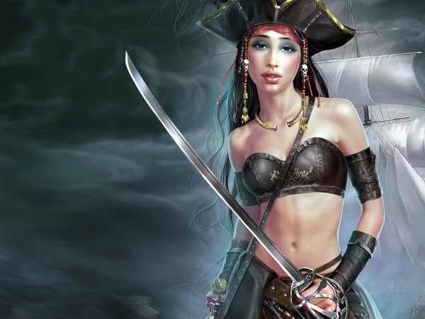 tang yuehui, арт, девушка, дым, корабль, оружие, паруса, парусник, пиратка, сабля, треуголка, шляпа