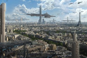 Обои на рабочий стол: astrokevin, арт, будущее, вид, город, корабли, небоскребы, облака, париж, транспорт, триумфальная арка, эйфелева башня