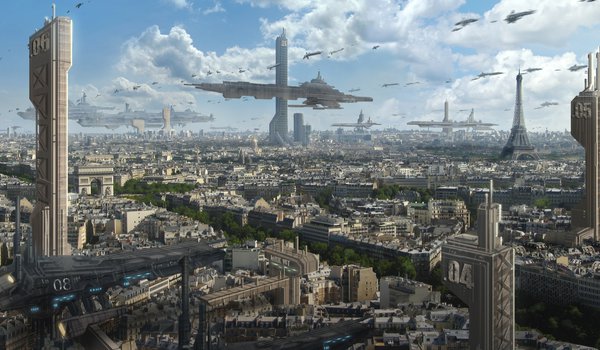 Обои на рабочий стол: astrokevin, арт, будущее, вид, город, корабли, небоскребы, облака, париж, транспорт, триумфальная арка, эйфелева башня