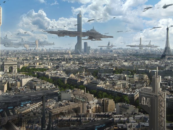 astrokevin, арт, будущее, вид, город, корабли, небоскребы, облака, париж, транспорт, триумфальная арка, эйфелева башня