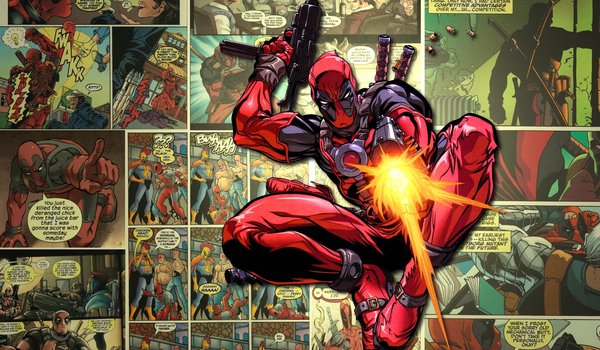 Обои на рабочий стол: comics, deadpool, marvel, выстрелы, комикс, маска, оружие, супер герой