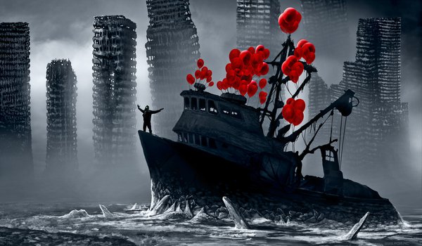 Обои на рабочий стол: flying fortress, romantically apocalyptic, воздушные шары, корабль, лед, романтика апокалипсиса
