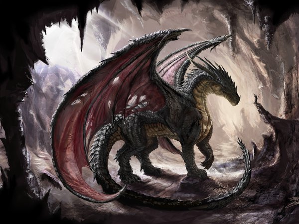 dragon, дракон, крылья, пещера, солнечный свет, чешуя