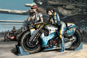 Обои на рабочий стол: арт, гонка, девушки, мотоцикл, ожидание, оружие