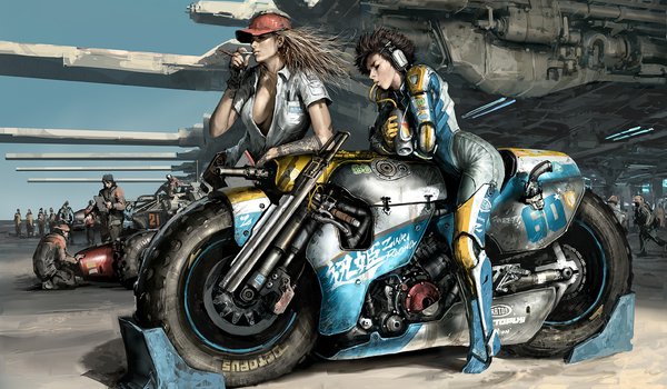 Обои на рабочий стол: арт, гонка, девушки, мотоцикл, ожидание, оружие
