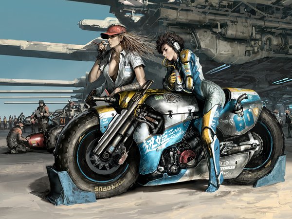 арт, гонка, девушки, мотоцикл, ожидание, оружие