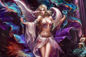 Обои на рабочий стол: forsaken world, ангел, девушка, крылья, перья, смотрит на зрителя