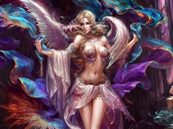 forsaken world, ангел, девушка, крылья, перья, смотрит на зрителя