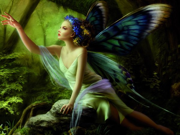 бабочки, венок, девушка, камень, крылья, лес, рука, сидя, фея, цветы