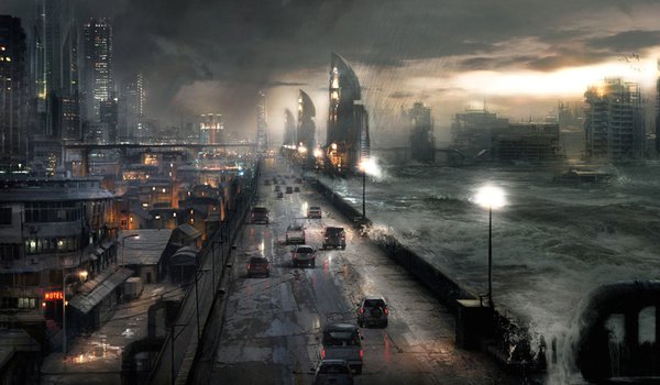 Обои на рабочий стол: апокалипсис, буря, город, дорога, машины, ночь