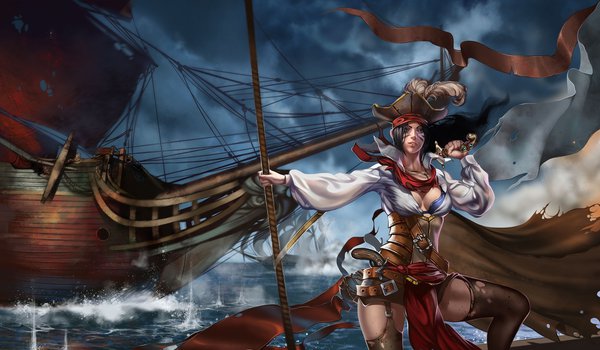 Обои на рабочий стол: арт, ветер, девушка, корабль, море, оружие, парусник, пиратка