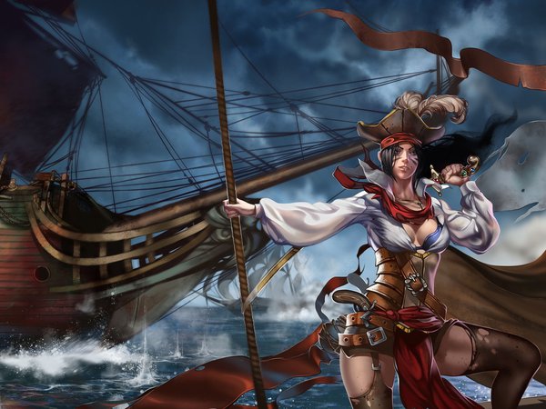 арт, ветер, девушка, корабль, море, оружие, парусник, пиратка