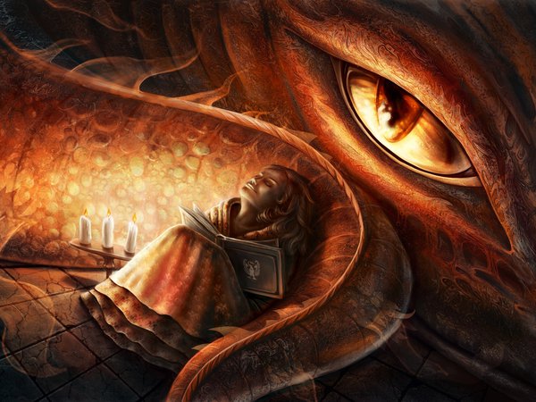 Elena Mikhailava, арт, глаз, девочка, дракон, книга, свечи, сон, хвост