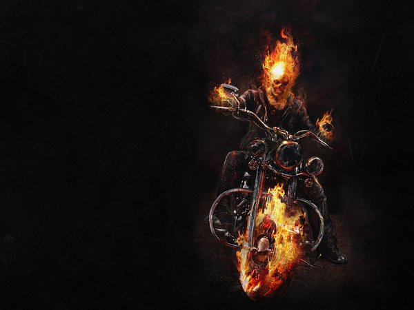 Ghost Rider, байк, мотоцикл, огонь, Призрачный гонщик, скелет, темный фон
