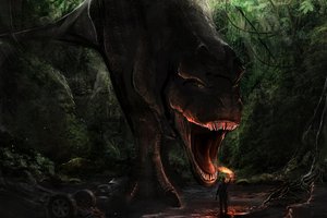 Обои на рабочий стол: T-Rex, арт, динозавр, лес, огонь, опасность, пасть, факел, человек